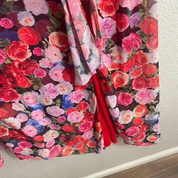 Ieena for MacDuggal 4 Puff Sleeve Shift Dress Red Floral Side Slit V Neck - Picture 4 of 9